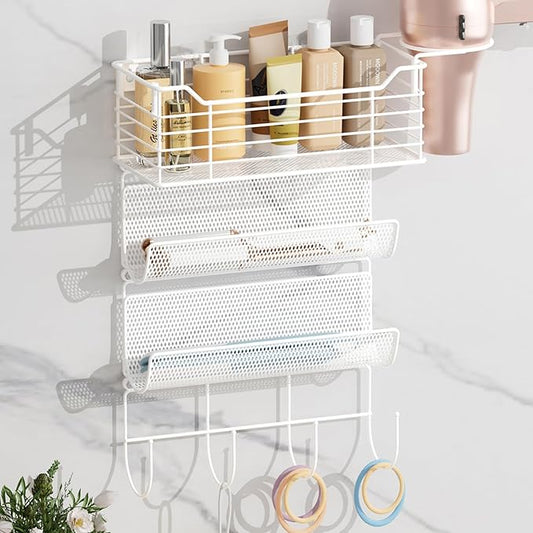 VITVITI Metal Hair Tool Organizer Wall Mount, Hair Dryer Holder with 3 Tier Shelf Basket Hooks, Bathroom Hair Styling Tool Organizer for Curling Iron/Blow Dryer/Straightener, White
