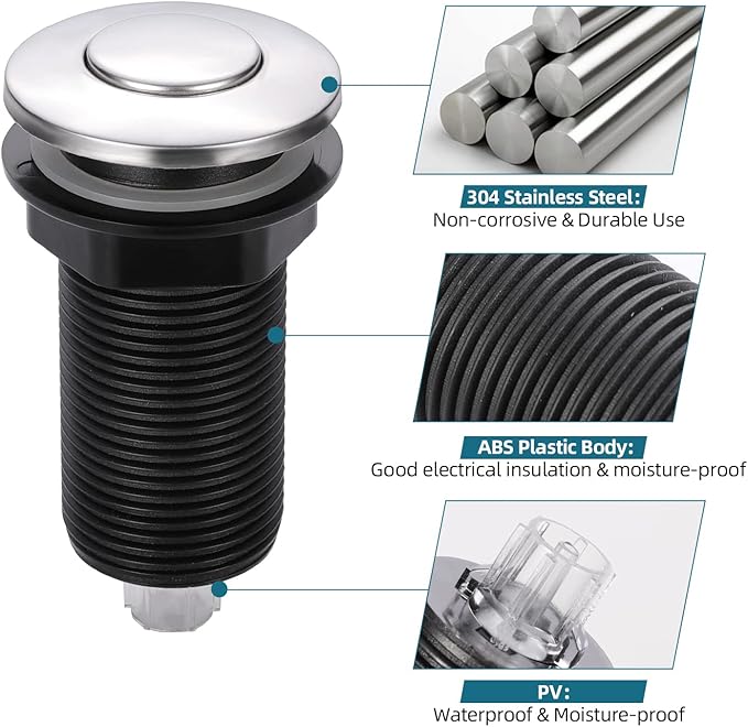 RQYEKDO Garbage Disposal Air Switch Kitchen Sink Top Long Stainless Steel Brushed Nickel Long 2.5" for Food and Waste Disposal On/Off Air Button Parts