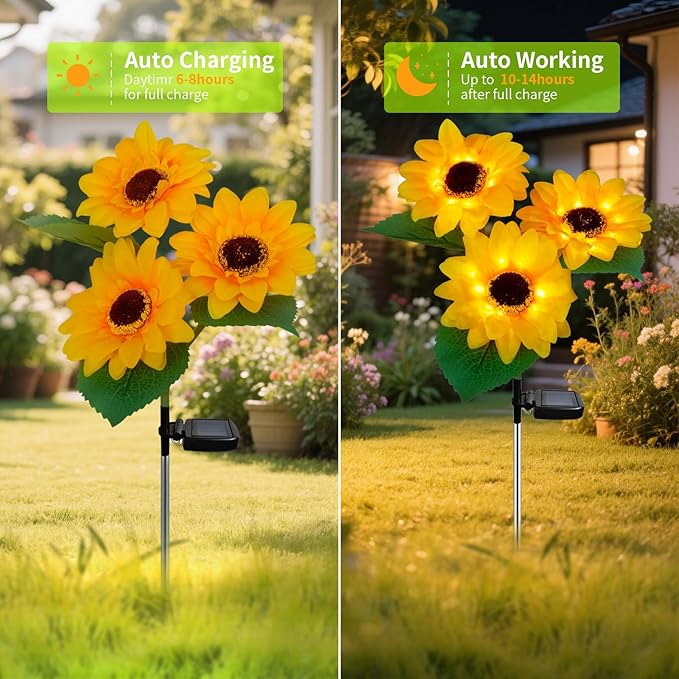 Outdoor Solar Garden Stake Lights,Upgraded LED Solar Powered Light with 3 Sunflower, Waterproof Solar Decorative Lights for Garden, Patio, Backyard (1 Pack 3 Flower)