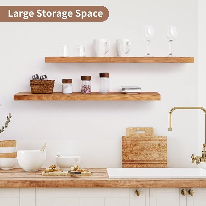 Axeman Floating Shelves for Wall, 8 Inch Deep Rustic Solid Elm Wood Wall Shelves for Storage, Wall Mounted Display Shelving with Invisible Heavy-Duty Metal Bracket, 36'' Width Set of 2, Natural