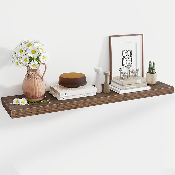 48 Inch Floating Shelves, 12 Inch Deep Floating Shelves for Wall, Floating Shelf with Invisible Brackets, Deep Shelves for Bathroom, Bedroom, Living Room, 1 Pack, Walnut