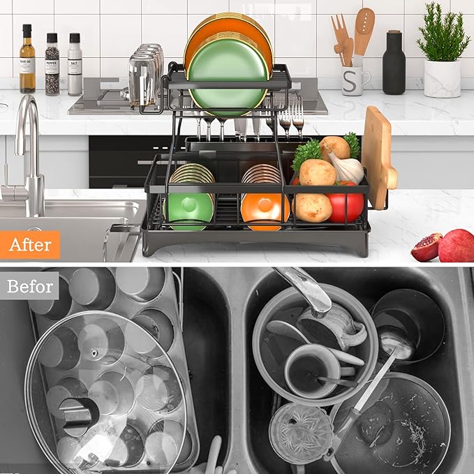 Godboat Dish Drying Rack, 2-Tier Dish Rack with Auto-Drain & Mat, Dish Racks for Kitchen Counter, Dish Drainer with Knife, Fork & Cup Rack, Gifts for Women, Mothers Day, Cool Stuff & Kitchen Gadgets