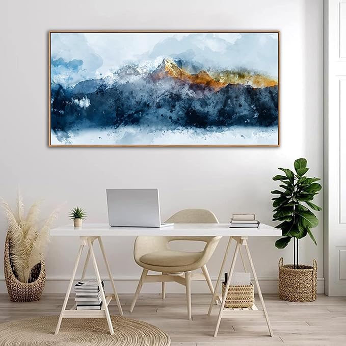 Framed Canvas Wall Art Indigo Abstract Mountain Pictures Wall Decor Blue Grey Orange Mountain Peaks Canvas Painting Prints Modern Abstract Artwork for Living Room Bedroom Decoration 29" X 58"