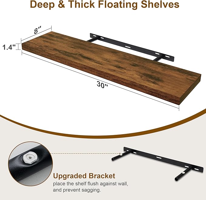 30 Inch Floating Shelves, Rustic Floating Wall Shelves 8 Inch Deep, 30 x 8 Floating Shelves for Home Decor, Deep Storage Shelves for Kitchen, Bathroom, Living Room, Rustic Brown Color, Set of 2