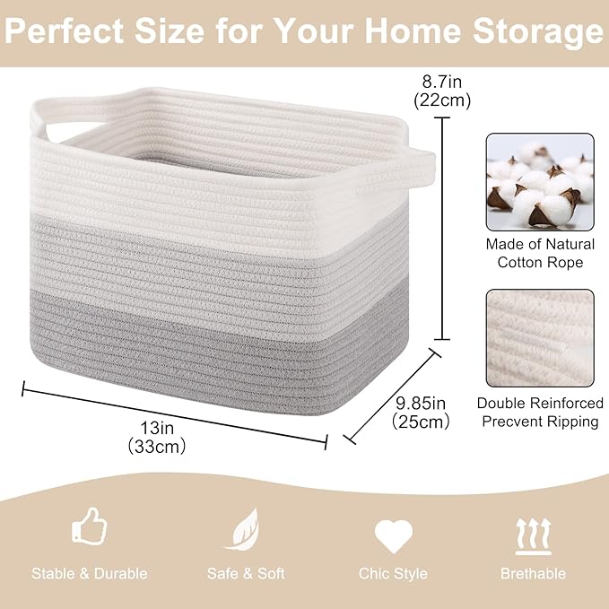 Storage Baskets for Organizing, Woven Baskets for Shelves, Rectangle Decorative Organizer for Storage Clothes, Toy, Books, Towels Nursery Bins 3 Pack (Gradient Grey)