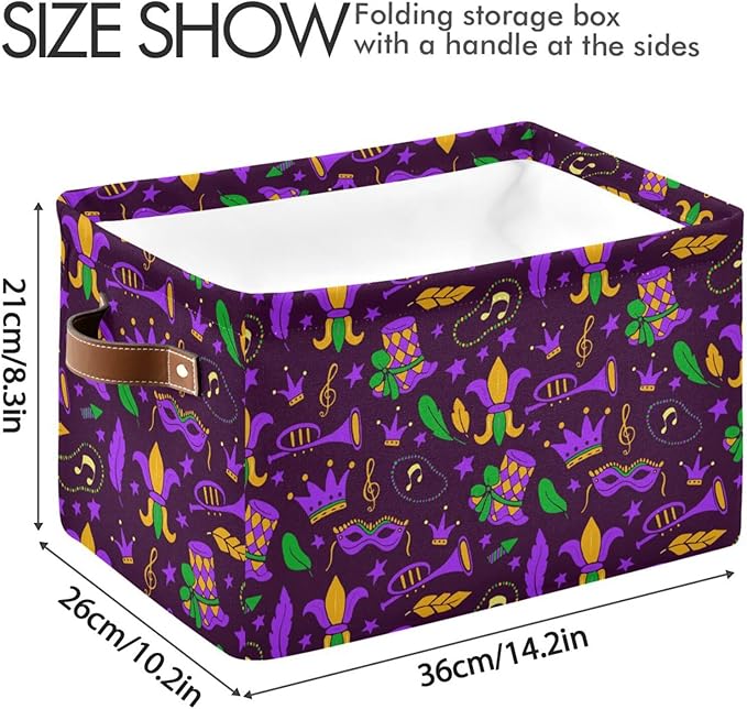 Mardi Gras Carnival Storage Basket Cube Storage Bins Organizer Bag Collapsible Closet Shelf Baskets with handle for Baby Cloth Pet Toy Book 14.2×10.2×8.3 IN