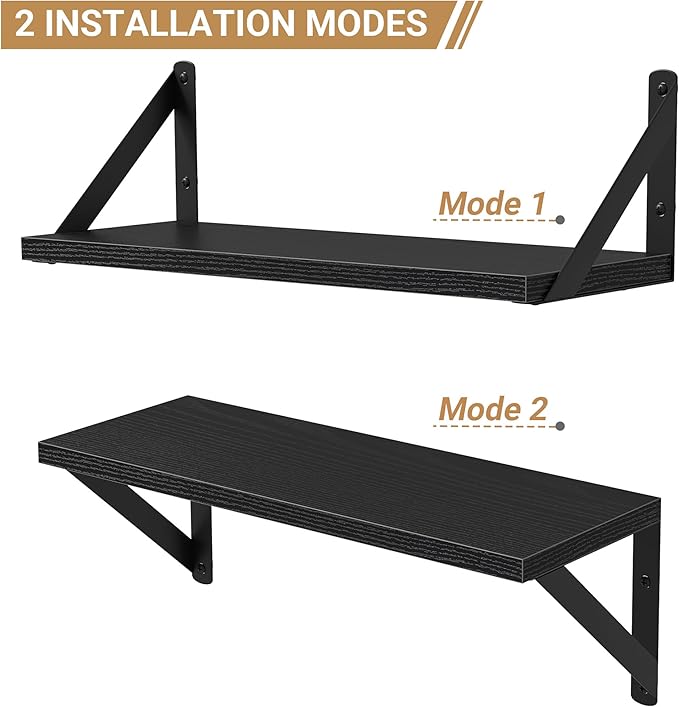 Heimlove Floating Shelves for Wall, 16 Inch Long Wood Floating Shelves Set of 3, Wall Mounted Hanging Shelf for Bathroom Bedroom Kitchen, Black