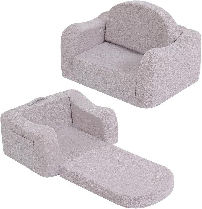 Welnow 2-in-1 Kids Sofa Chair, Convertible Toddler Chair Flip Out Children Sofa Chair with Wave Armrests Folding Kids Play Sofa with Side Pockets & Removable Cover Armchair for Girl or Boy