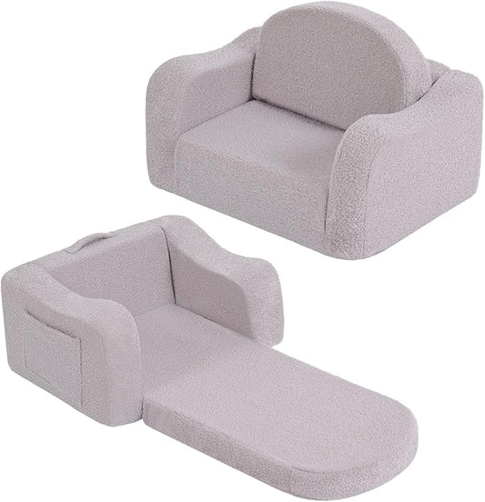 Welnow 2-in-1 Kids Sofa Chair, Convertible Toddler Chair Flip Out Children Sofa Chair with Wave Armrests Folding Kids Play Sofa with Side Pockets & Removable Cover Armchair for Girl or Boy