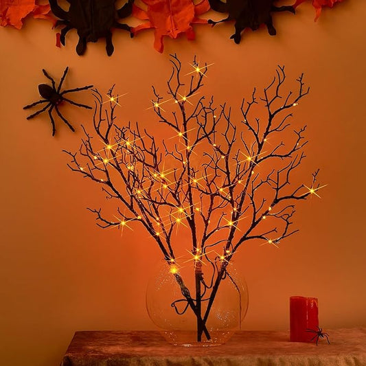 Birchlitland Halloween Branch Lights with Timer Battery Operated 75 LED Orange Fairy Lights, Lighted Black Willow Branches 21IN for Home Decor