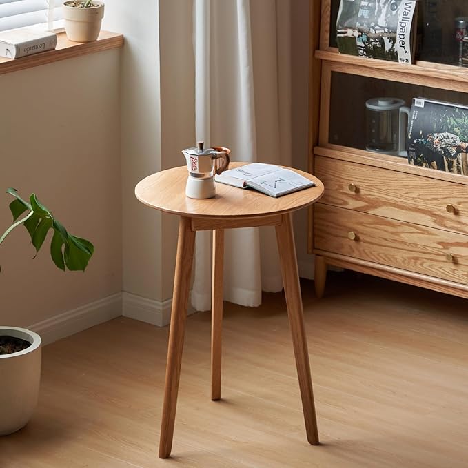100% Solid Oak Small Tall Side Table, Mid Century Modern Coffee Table for Small Spaces, Living Room End Table with Stable Frame for Bedroom Couch, (Natural, 21.65" D x 21.65" W x 29.53" H)