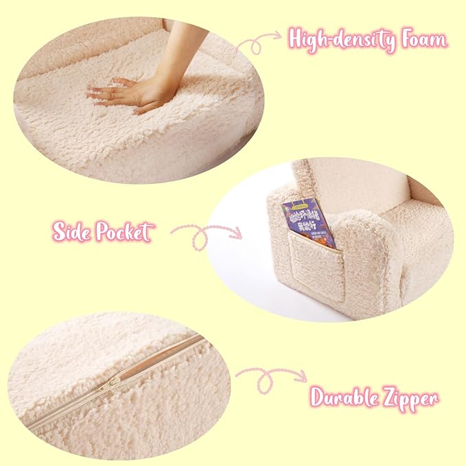 Kids Chairs for Toddler, 2-in-1 Toddler Soft Sherpa Couch Fold Out, Convertible Sofa to Lounger for Girls and Boys, Cream