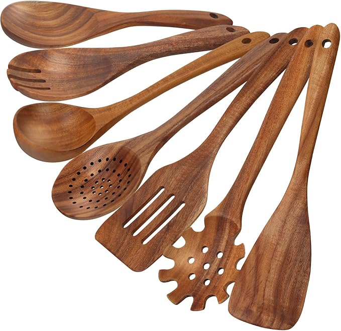 comfoyar Teak Wooden Spoons for Cooking, 7 Pieces Kitchen Cooking Utenails Set with Spatula and Ladle, Heat Resistant Kitchen Cookware for Nonstick Pan