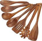 comfoyar Teak Wooden Spoons for Cooking, 7 Pieces Kitchen Cooking Utenails Set with Spatula and Ladle, Heat Resistant Kitchen Cookware for Nonstick Pan