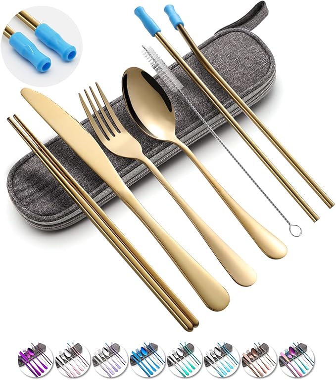 Travel Utensils Set with Case Reusable Portable Cutlery Set Stainless Steel 8pcs Including Dinner Knife Fork Spoon Chopsticks straws(Gold)