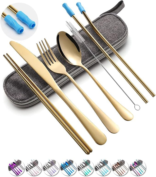 Travel Utensils Set with Case Reusable Portable Cutlery Set Stainless Steel 8pcs Including Dinner Knife Fork Spoon Chopsticks straws(Gold)