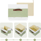 ANMINY Storage Boxes with Lids Washable Decorative Storage Bins Basket with PU Leather Handle Foldable Linen Fabric Storage Cubes Containers for Home Closet Organizer - Green White, Large Size