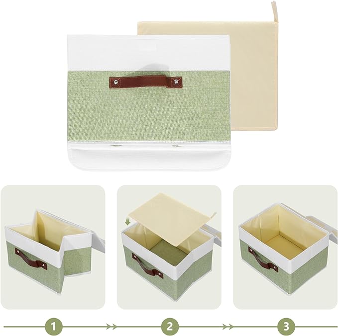 ANMINY Storage Boxes with Lids Washable Decorative Storage Bins Basket with PU Leather Handle Foldable Linen Fabric Storage Cubes Containers for Home Closet Organizer - Green White, Small Size