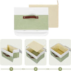 ANMINY Storage Boxes with Lids Washable Decorative Storage Bins Basket with PU Leather Handle Foldable Linen Fabric Storage Cubes Containers for Home Closet Organizer - Green White, Small Size