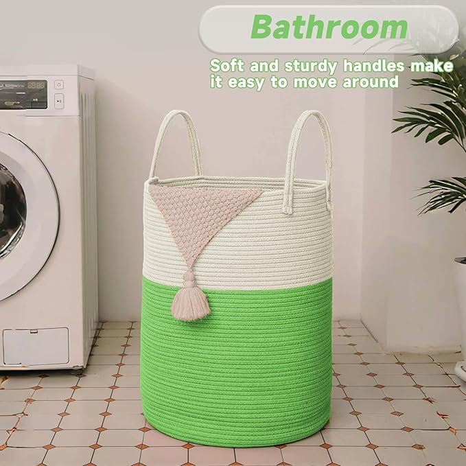 Large Woven Laundry Basket Hamper,100L Cotton Rope Storage Bin for Blankets,Toys and Clothes,Decorative Tall Nursery Hamper for Living Room,Baby Nursery,Bathroom and Bedroom,Light Green