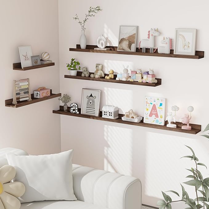 Heimlove Picture Ledge Shelf, Floating Shelves Set of 2, 48 Inches Picture Shelf for Wall with Ledge, Kids Bookshelf Wall Mounted for Living Room Bedroom Decor Books Photo Frames, Walnut