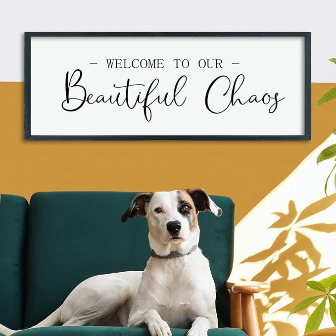 LuZhiQiang Welcome To Our Beautiful Chaos Sign Wall Decor 40"×15" for Home Living Room Entryway Bedroom Large Wood Framed Wall Hanging Art (Black)