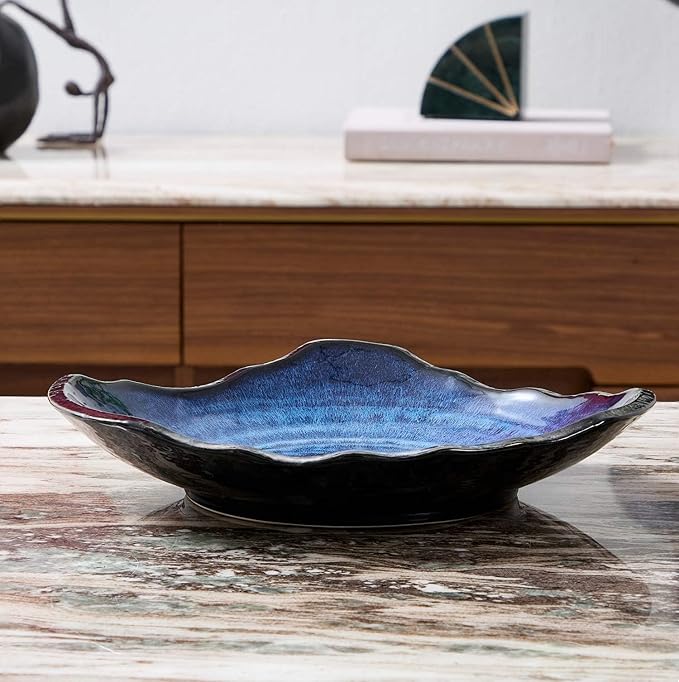 Ceramic Decorative Dish, Large Blue Pottery Decorative Bowl, Porcelain Centerpiece Tray, Key Bowl, Gift Decor Tray for Tabletop Entryway Table Living Room Dining(12'' Dish)