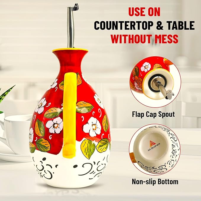 Hand-Painted Ceramic Olive Oil Dispenser Bottle – 40oz Decorative Stoneware Cruet with Stainless Steel Pour Spout – Elegant Kitchen Oil & Vinegar Container, Ideal for Coffee Syrups & More