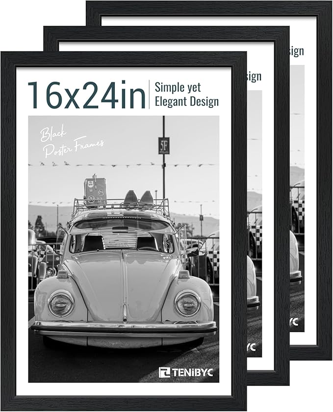 16x24 Poster Frame 3 Pack - Black, Textured Solid Wood Picture Frame, Wall Gallery Photo Frame