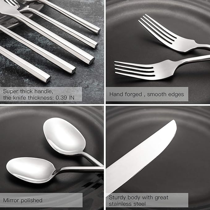 Hand Forged Stainless Steel Flatware Set Silverware Set Cutlery Set Hexagon Handle 5 Pieces Service for 1