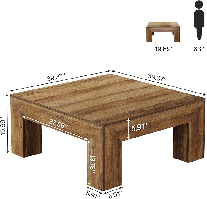 Tribesigns 39.4-Inch Square Coffee Table for Living Room, Farmhouse All MDF Accent Center Cocktail Table with Sturdy Wooden Legs, Easy Assembly, Rustic Brown