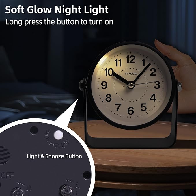 Analog Alarm Clock, Silent Non-Ticking Quartz Movement, Battery-Operated with Snooze & On-Demand Light, Easy to Set Gentle Wake Bedside Desk Clock, Ideal for Home, Travel, Office (Black)