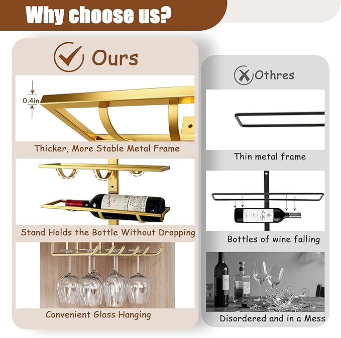 20 Bottle Wall Mount Wine Rack with Wine Glass Holder, Metal Wine Wall Rack, Wall Racks for Wine Bottles Display and Storage, Hanging Bottle Organizer for Living Dining Room Wine Cellar Bar (Gold)