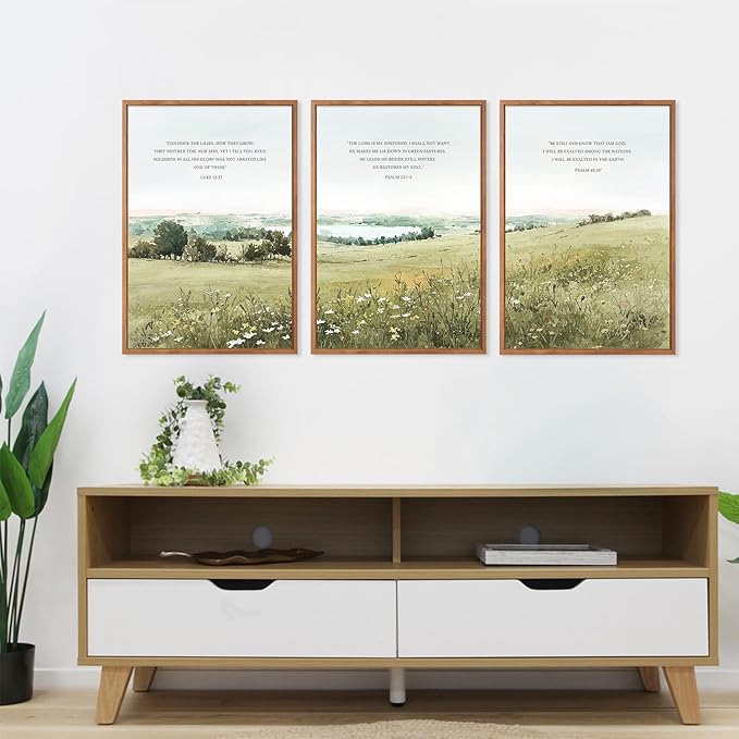 KAIRNE Scripture Christian Canvas Wall Art,Bible Verse Prints Set of 3(16”X24”),Modern Scripture Floral Wall Decor,Framed Green Countryside Field Paintings for Living Room Bedroom Ding Room Decor