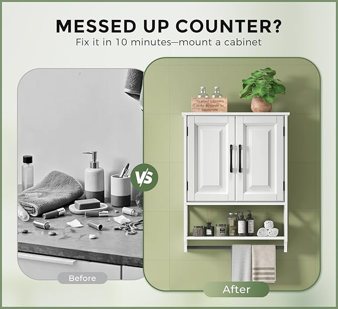 Bathroom Cabinet Wall Mounted, White Bathroom Wall Cabinets with Towel Bar and 2 Doors, Wooden Medicine Cabinet with Adjustable Shelf, Open Storage