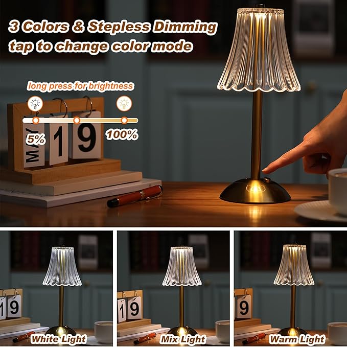 Liliful 8 Pcs LED Portable Cordless Table Lamp Touch Battery Operated Rechargeable Desk Lamp 3 Color Dimmable for Bedroom Living Room Dining (Rose Style,Gold)