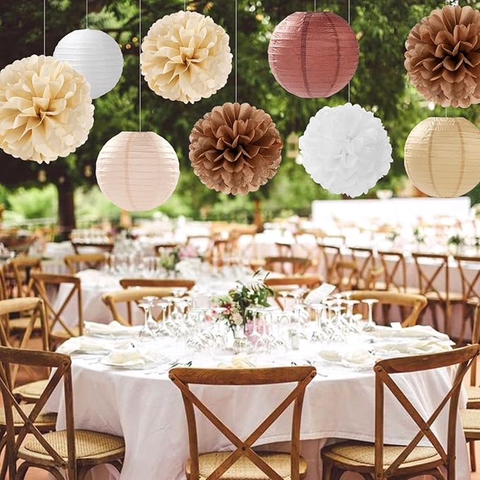 Boho Rustic Wedding Party-Decorations Paper Flowers Lanterns - 15PCS Fall Baby Shower Gender Neutral Streamers,Brown Champagne White Tissue Pom Poms,Autumn Birthday Bridal Decor Hugfond