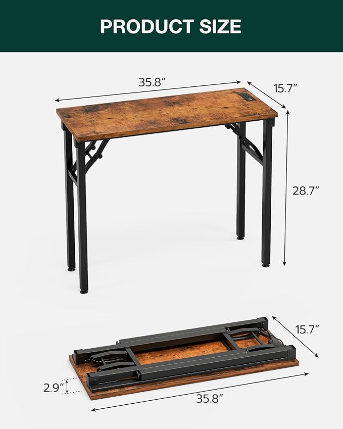 Frylr Small Folding Computer Desk – 35.8 Inch Portable Table for Craft and Study, Lightweight Desk for Small Spaces, Foldable Laptop Table Built-in AC/USB Outlets for Convenience, Rustic Brown