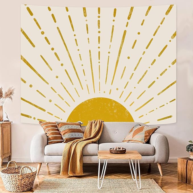 Kanuyee Gold Boho Burning Sun Tapestry Wall Hanging, Retro 70s Abstract Vintage Geometric Line Sunrise Tapestries for Bedroom Living Room Backdrop 60×80 inch