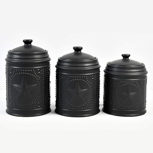 Set of 3 Black Unique Black Star Sealed Storage Canisters, 11"