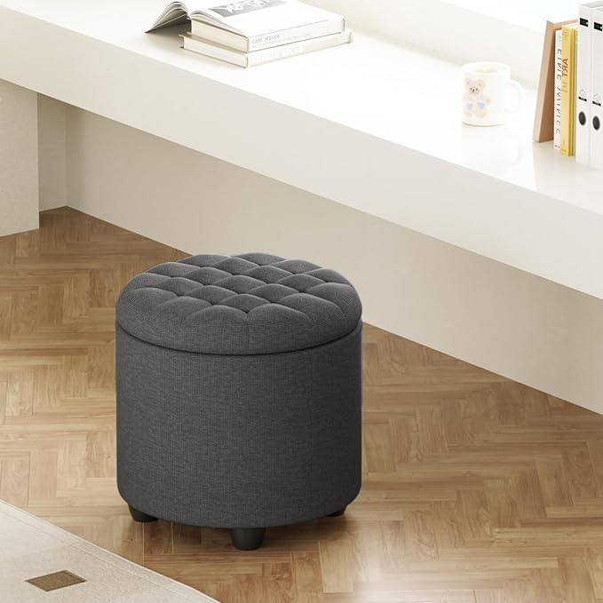 Furniliving 18.7inch Storage Round Ottoman, Footstools with Hidden Storage with Removable Lid, Stylish Button Tufted Design Ottoman Foot Stools for Living Room, Bedroom，Darkgrey