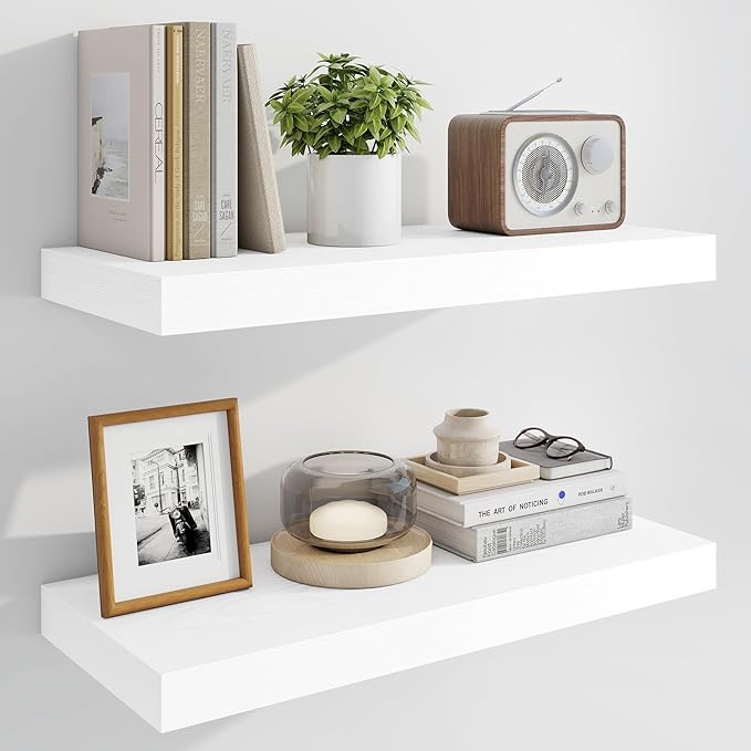 Marsmiles 24" Floating Shelves for Wall, Wooden Shelves with Invisible Brackets Set of 2, Rustic Farmhouse Wall Mounted Shelf for Kitchen Bathroom Living Room Study, White
