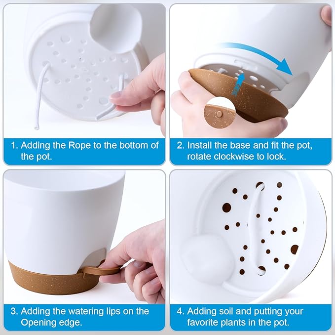 Uneed Indoor Self Watering Planters with Drainage Holes and Saucers, 7/6.5/6/5.5/5 Inch-5 Pots,for Indoor Plants, Herbs, Succulents (White)
