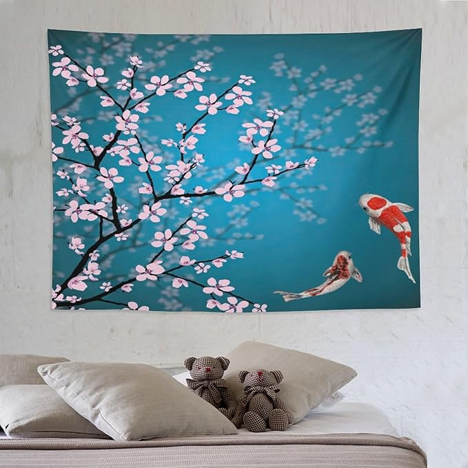Houselerax Japanese Koi Fish Tapestry, Cherry Blossoms Asian Oriental Green Teal Flower Branch Koi Fish Carp Tapestries Wall Hanging for Bedroom Living Room Office Decor 80"x60"