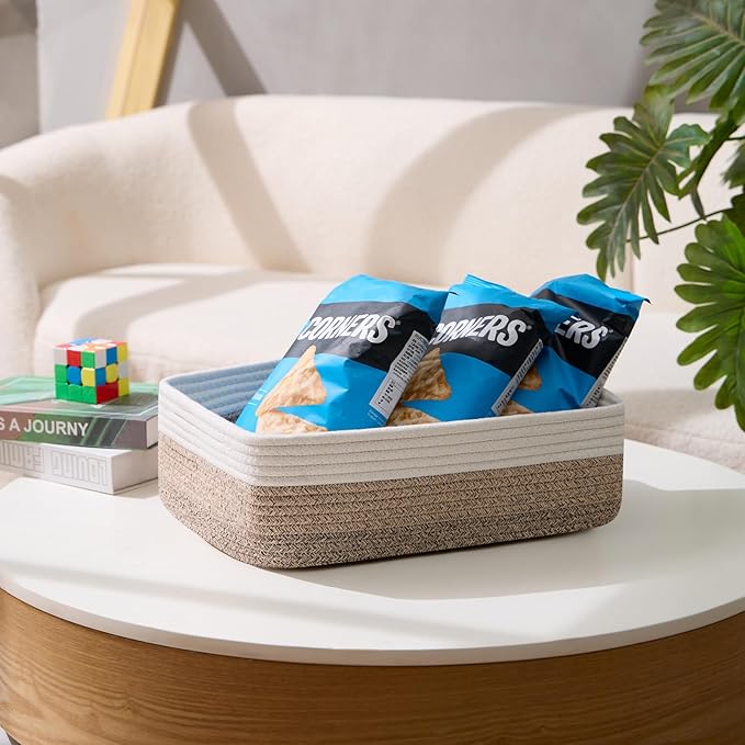 Large Shallow Organizing Baskets 15x11x5.1 Inches - Rope Woven Storage Bins for Bathroom, Shelves, Cube Closet, Gradient Brown 2 Packs