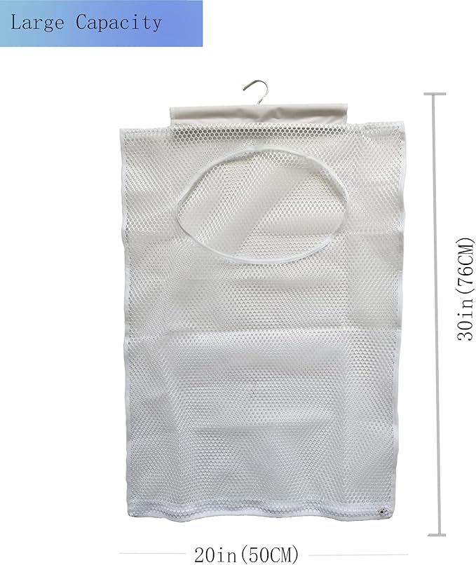 Hanging Mesh Laundry Hamper (30in*20in*2in) Large Dirty Clothes Bag, Can Be Used Behind The Door & Closet & Caravan& Bathroom (White)