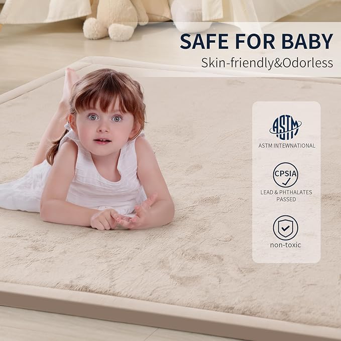 ACOMOPACK Baby Play Mat for Floor 1.3" Thick Memory Foam Play Mat 59"×71" Tummy Time Crawling with Non-Slip Bottom for Living Room,Nursery,Soft Velvet Playpen Mats for Kids,Infants（Beige）