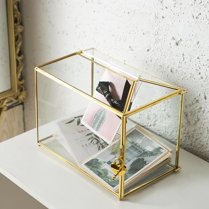 Glass Wedding Card Box with Slot, Large Clear Card Box 10.2 inch Gold Brass Gift Card Storage Box with Lock for Wedding Receptions, Baby Shower, Birthday Party, Bridal Shower