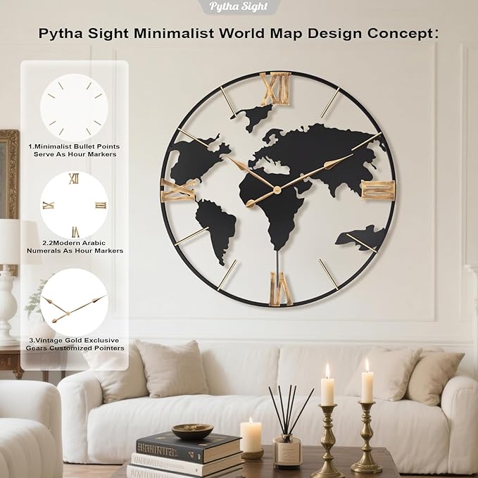 36 Inch Oversized Giant Extra Large Modern Decorative Metal World Map Wall Clock,Big Vintage Gold Roman Numeral Wall Clocks for Living Room,Entryway,Office,Fireplace,Dining Room