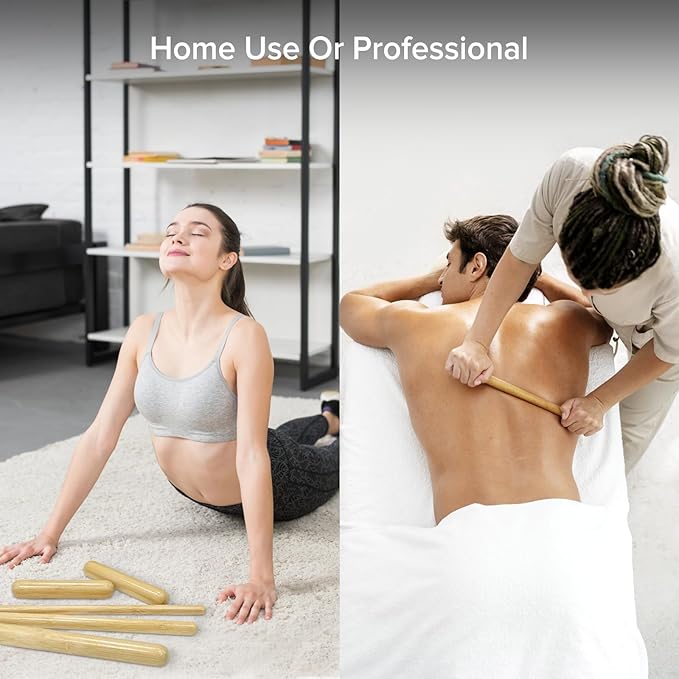 4PCS Solid Bamboo Massage Sticks & Guasha Set with Roller/Stick - 100% Bamboo Therapy Tools for Neck/Arm/Back/Legs/Full Body, Deep Tissue Massage, Muscle Relaxation, Body Shaping, Fatigue Relief